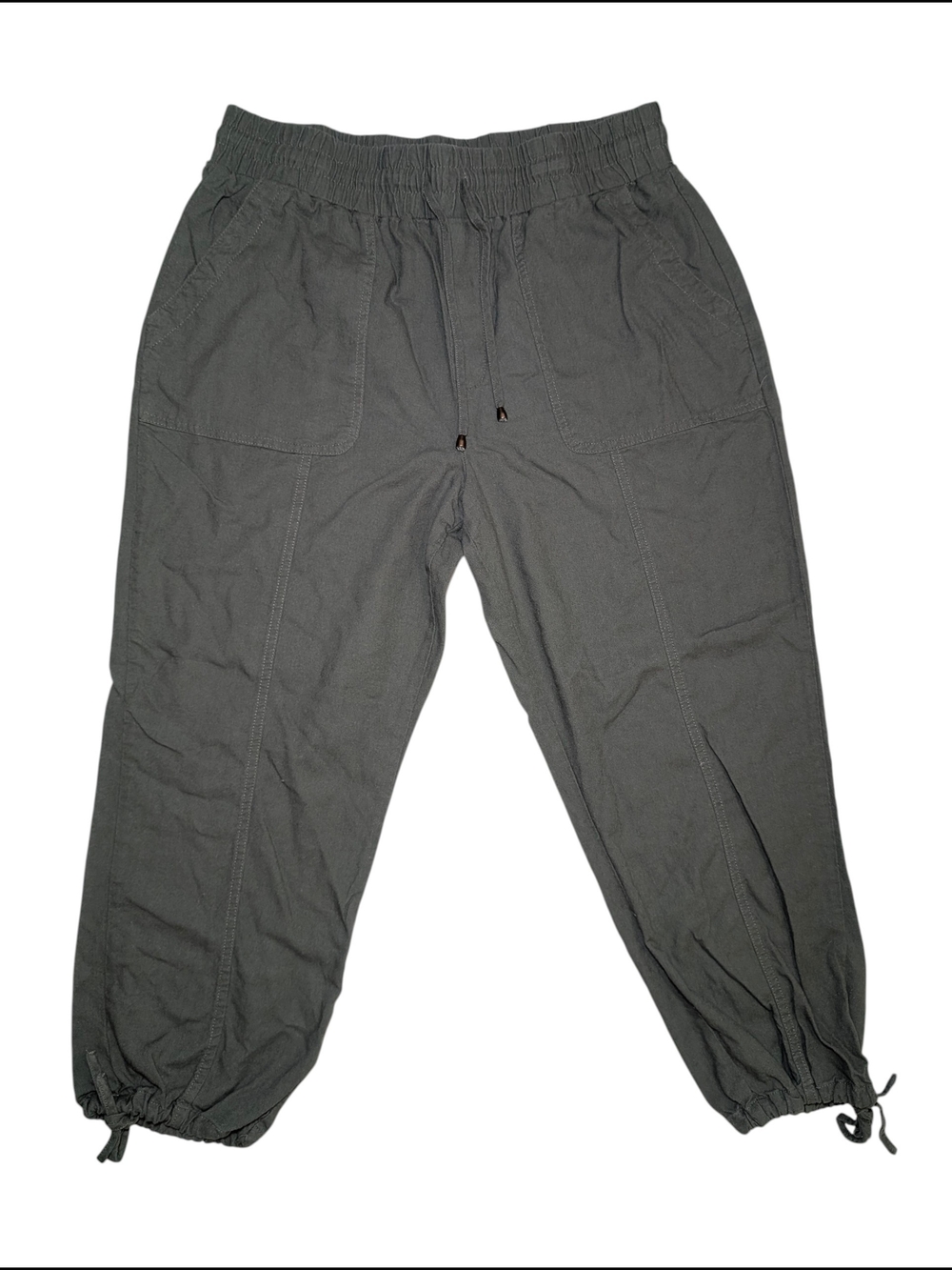 Suzy Shier Women's LG Olive Green Cropped Drawstring Ankle Pants Linen Blend